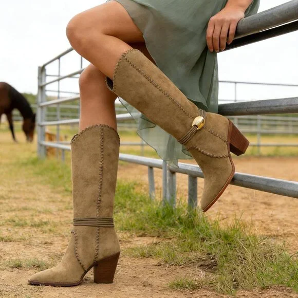 Women's Camel Suede Cowboy Pointed Toe Knee High Chunky Stylish Comfortable Heel - Picture 2 of 7